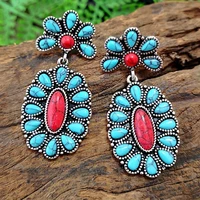 bohemian fashion flowers turquoise earrings national style jewelry retro gold and silver red and blue tears womens earrings