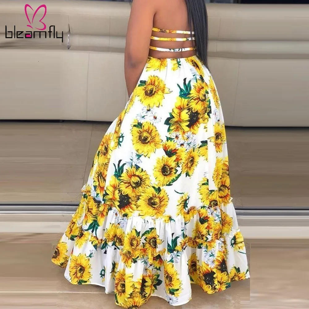 Длинное платье в стиле бохо с принтом подсолнуха женские сексуальные вечерние