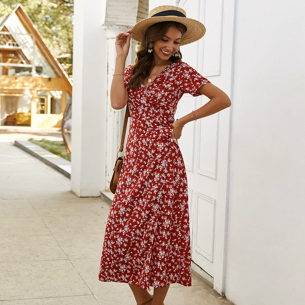 

Women Dress 2020 Spring Summer Print V-neck Long Dress Female Casual Fashion Sexy Slim Beach Holiday Dresses Bohemia Dress