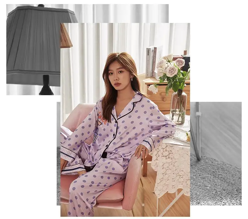 

Satin Two Pieces Shirt&Pants Set Print Dot Pajamas Suit Cartoon Female Nightwear Lapel Home Wear Lingerie Sexy Cute Sleepwear