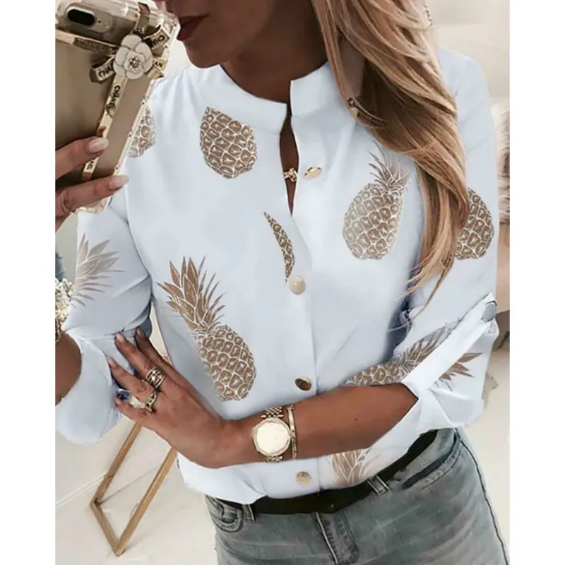 

Fashion Women Autumn Long-Sleeved Pineapple Print Blouse Shirt Ladies Casual Tops
