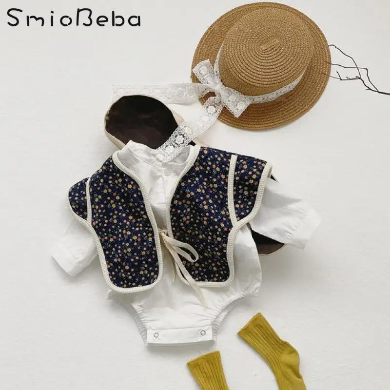 

Spring Floral Two Piece Set Baby Romper+Vest Korean Jacket Long Sleeve Shirt Triangle Climbing Two Piece Bodysuit 1-3YRS Clothes