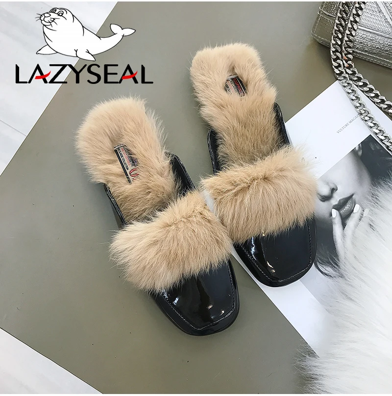 LazySeal туфли без задника с натуральным мехом; женские тапочки с квадратным носом; женские Вьетнамки; женские пушистые шлепанцы; Pantuflas Mujer