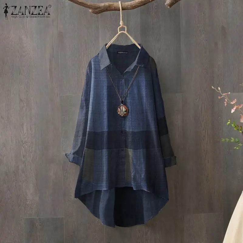 

2022 Women Retro Shirts Fashion Casual Plaid High Low Blouse ZANZEA Autumn Long Sleeve Tunic Top Oversized Loose Blusa Femininas