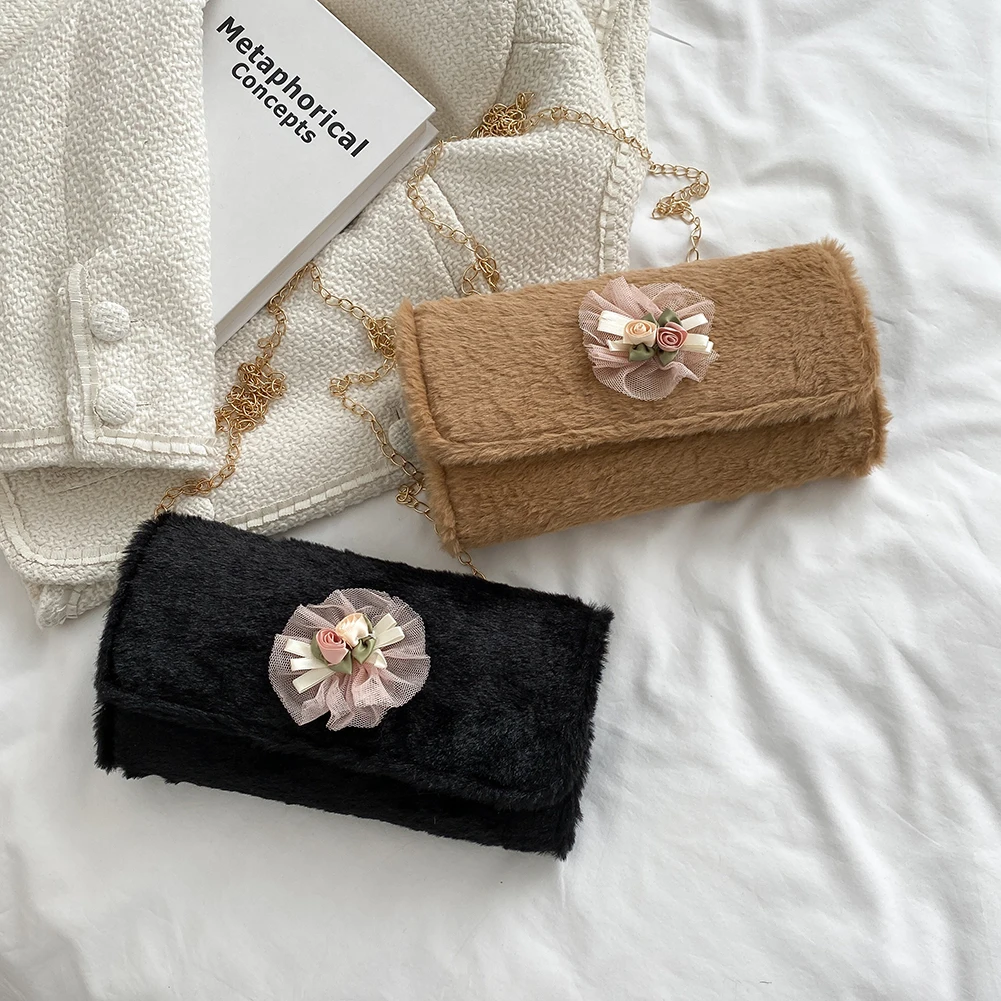 

Модные Шелковые сетчатые женские плюшевые сумки через плечо с цветами, повседневные однотонные сумки-мессенджеры на цепочке, Женская Повсе...