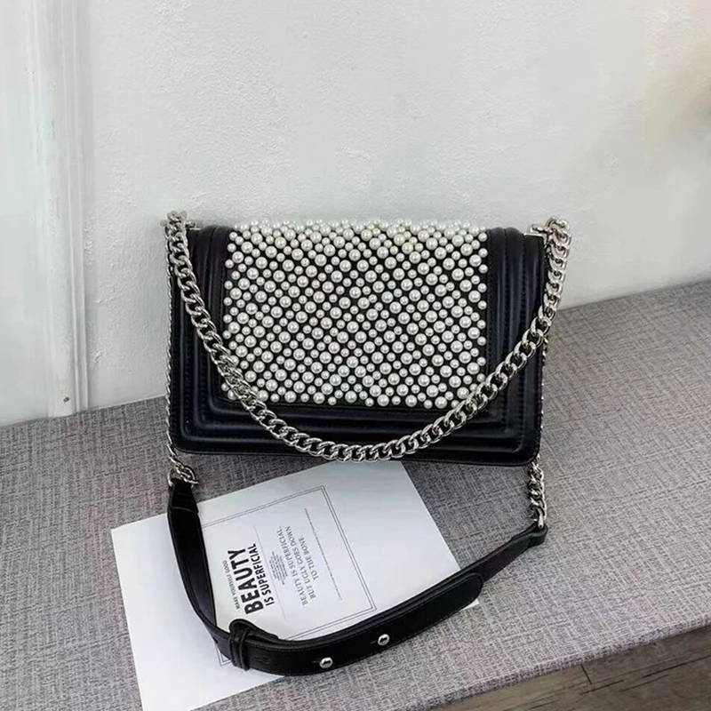 

High Quality Designer Shoulder Chain Bags Women Square Flap Messenger Bag Luxury Brand New Trend Pearl Handbag Female Lady Purse