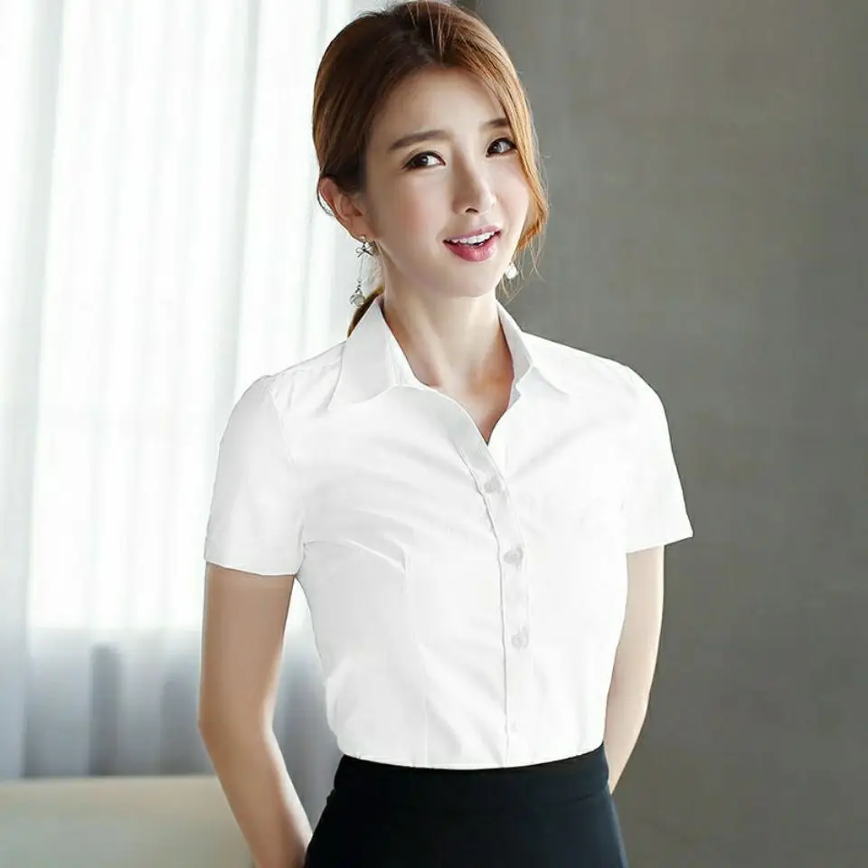 

White Blouse Women 2021 Summer Chiffon Office Shirts Slim Collar Blouse Tops Fashion Casual short sleeve Blouses Femme Blusa