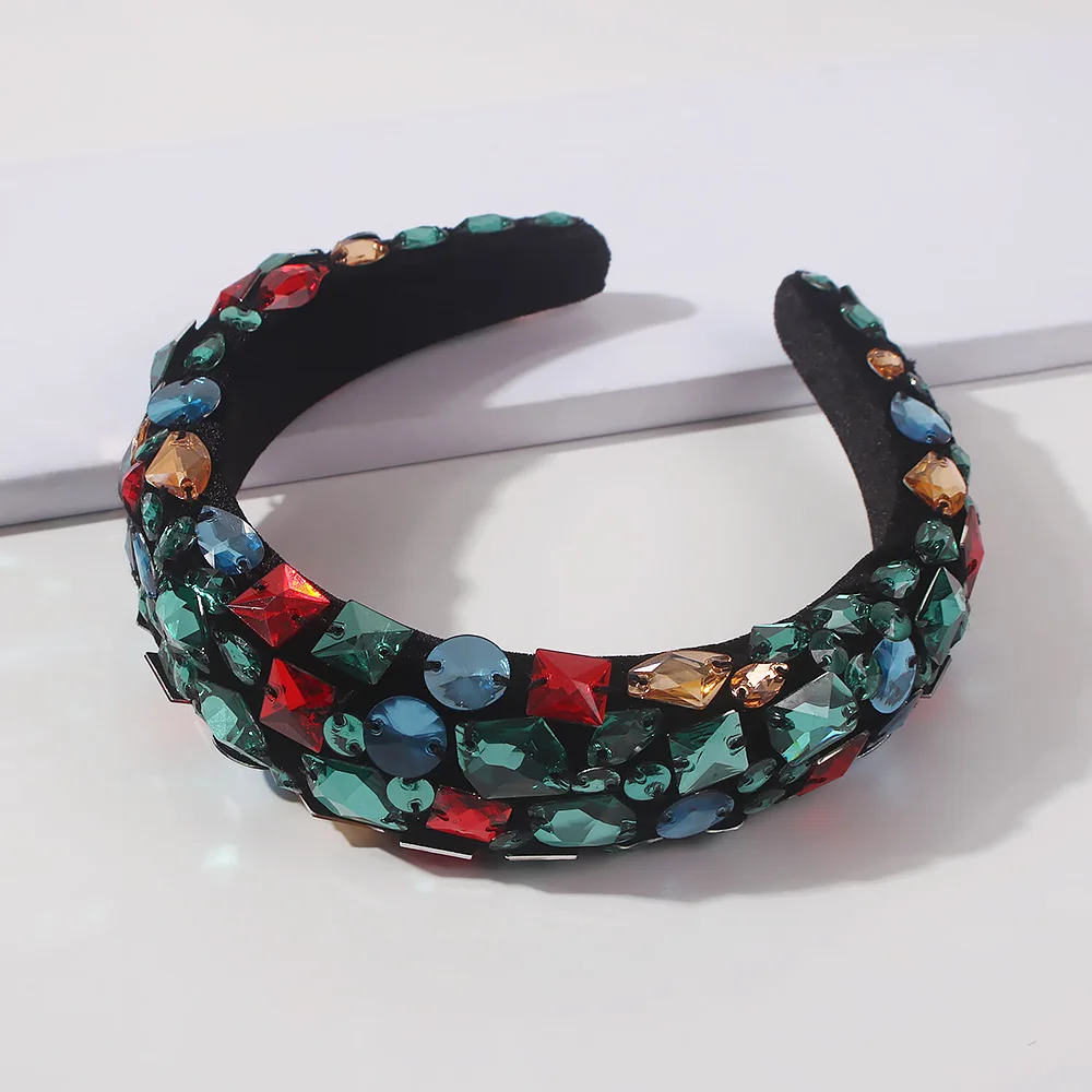 

Fashionable Trendy Baroque Geometric Irregular Gemstone Headband Full Red Purple Rhinestone Headwear Hair Accessories Women