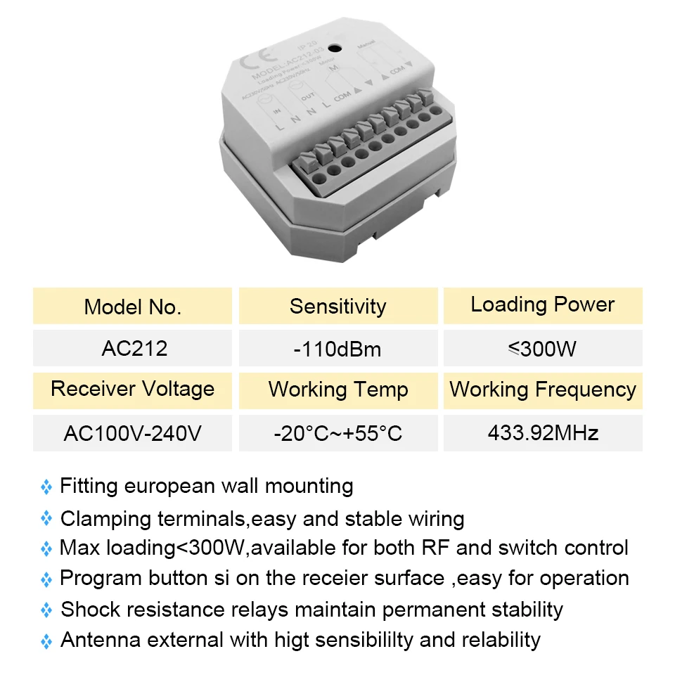 

Universal Wireless Mini Remote Trigger Switch 433.92mhz RF Transmitter AC212 Receiver For Projector Screen Automation Open