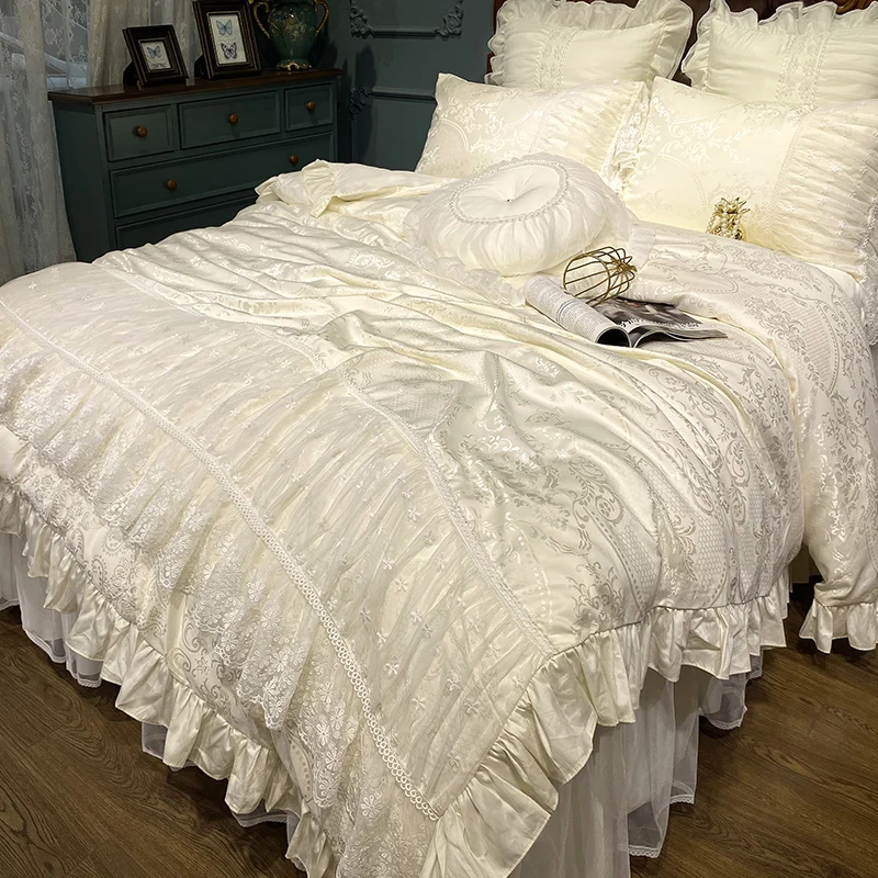 

Luxury Princess Wedding Double Layer Lace Bed Skirt Jacquard Cotton Bedding Set Quilt/Duvet Cover Bed Linen Bedspread Pillowcase