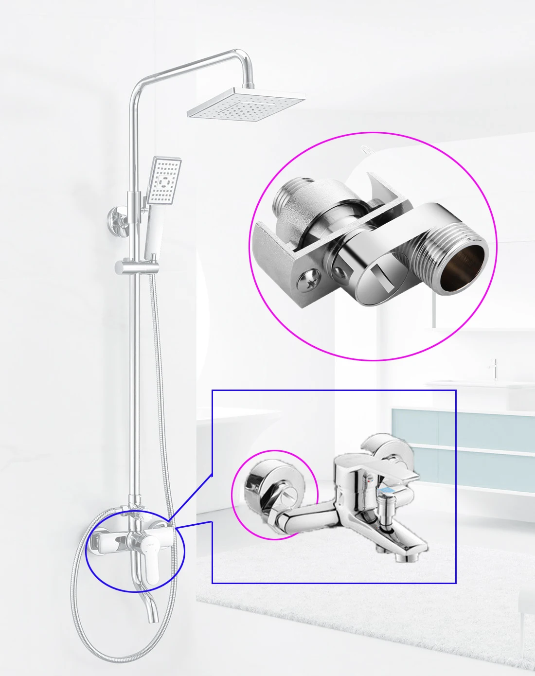 

Смеситель для душа с регулируемым адаптером, многофункциональный медный Настенный смеситель с регулируемым углом, S-образные соединения, п...