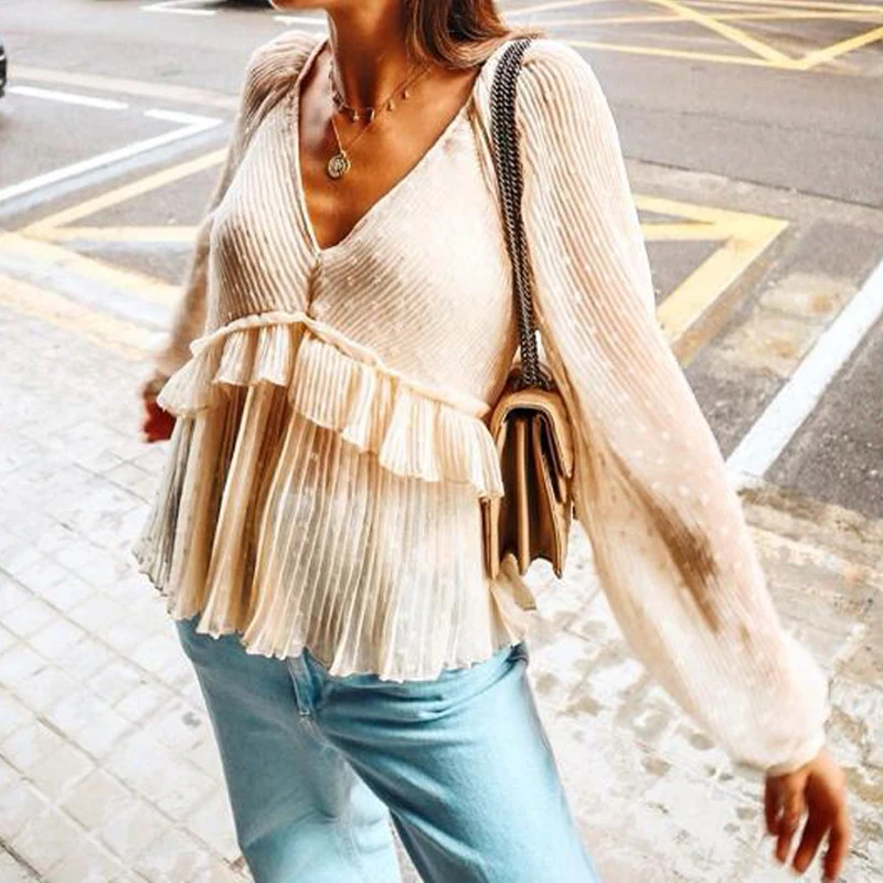 Элегантная блузка с рюшами Женская Однотонная рубашка длинным рукавом на осень и