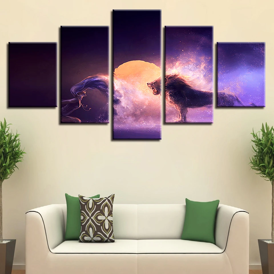 Декор стен комнаты художественные картины печатные 5 штук животные Лев и женщина