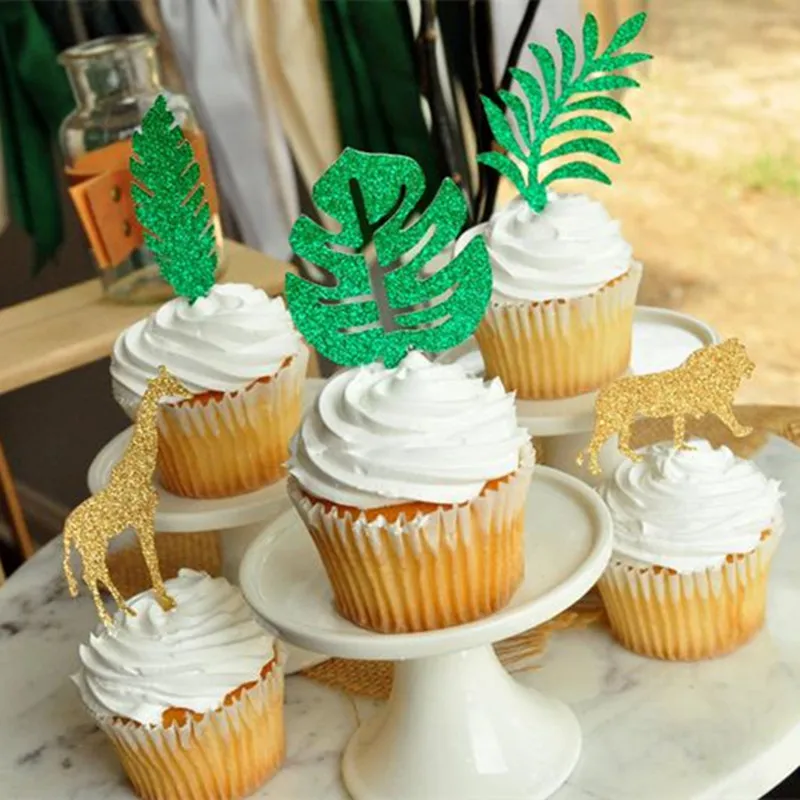 Персонализировать блеск джунгли листья кекс топперы. Сафари Baby Shower украшения.