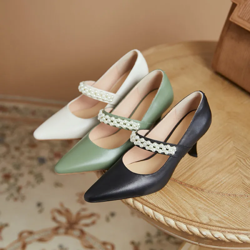 

Smeeroon 2021 Mary Jane Shoes Women Pumps Genuine Leather Shoes Pearl Spring Summer Party Wedding Shoes Women Thin High Heels