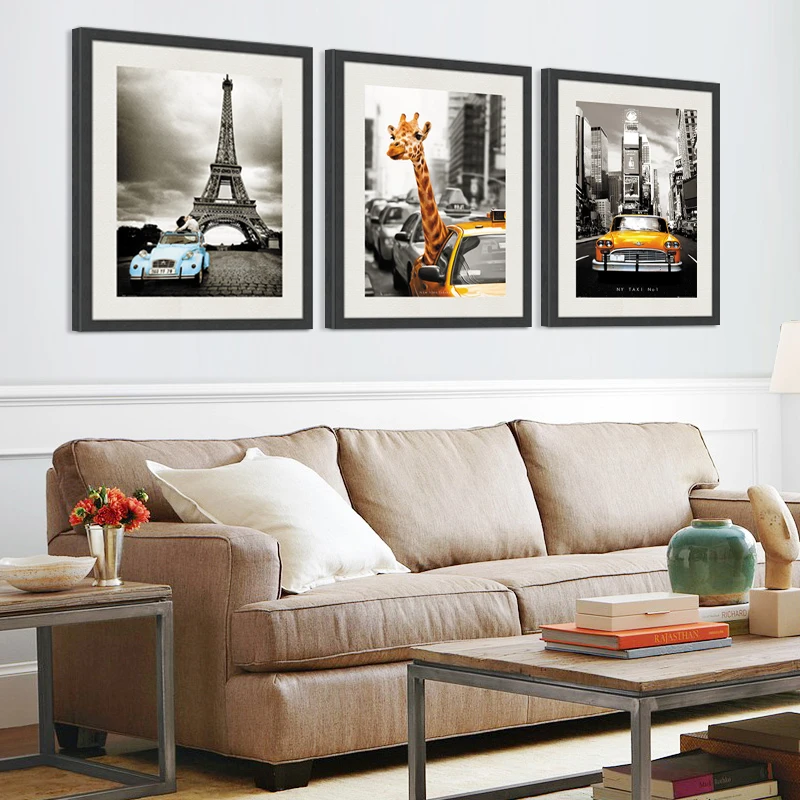 Современная городская улица Париж башня холст картина желтый автомобиль постер