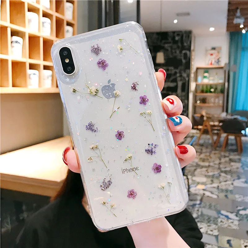 Прозрачный чехол с настоящим сухим цветком для iPhone 8, 7 Plus, 6, 6 S, прозрачный чехол с эпоксидной звездой для iPhone X, XR, 11 Pro, XS MAX, мягкий чехол