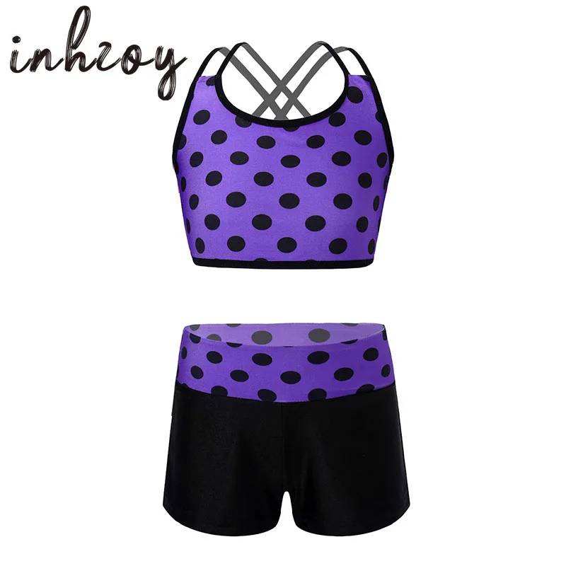 

Kids Polka Dots Fitness Workout Tankini Sets Girls Ballet Costume Traning Dancewear Children Gymnastic Clothes Shorts Tops Suits