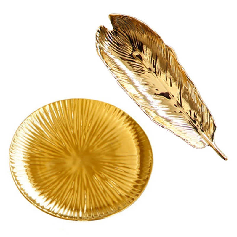 

Golden Ceramic Jewelry Tray & Women's Dressing Table Small Objects Small Jewelry Earrings Ring Tray Fine Leaf
