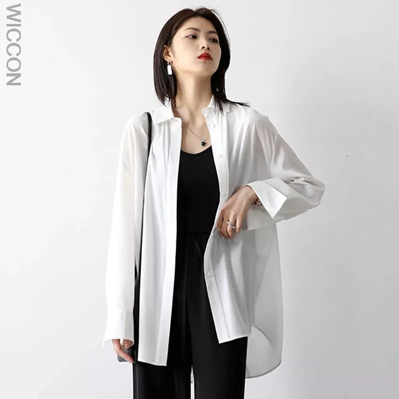 

Shirts Women Solid Sunscreen Loose Casual All-match Long Sleeve Summer Minimalist Slit Korean Style Turn-down Collar Mujer Tops