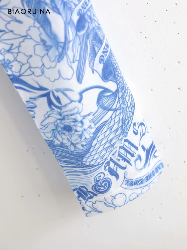 

BIAORUINA Women's Blue Printed Drawstring Skinny Fashion Short T-shirt Round Neck Long Sleeve Street Style Crop Top Casual Tops