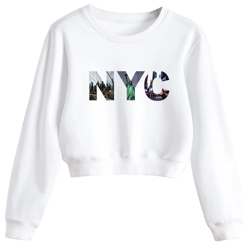 

New York City Letter Pattern Print Women Crop Pullover Casual Long Sleeve Funny Tops Harajuku Fashion Sweatshirt Street Clothing