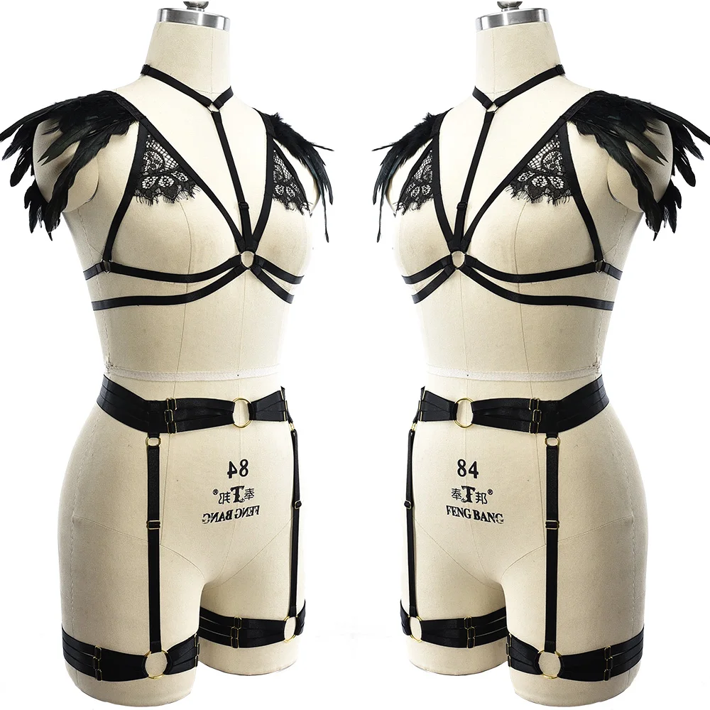 Черный кружевной бюстгальтер с перьями подвязка для ног пояс чулок пастельный