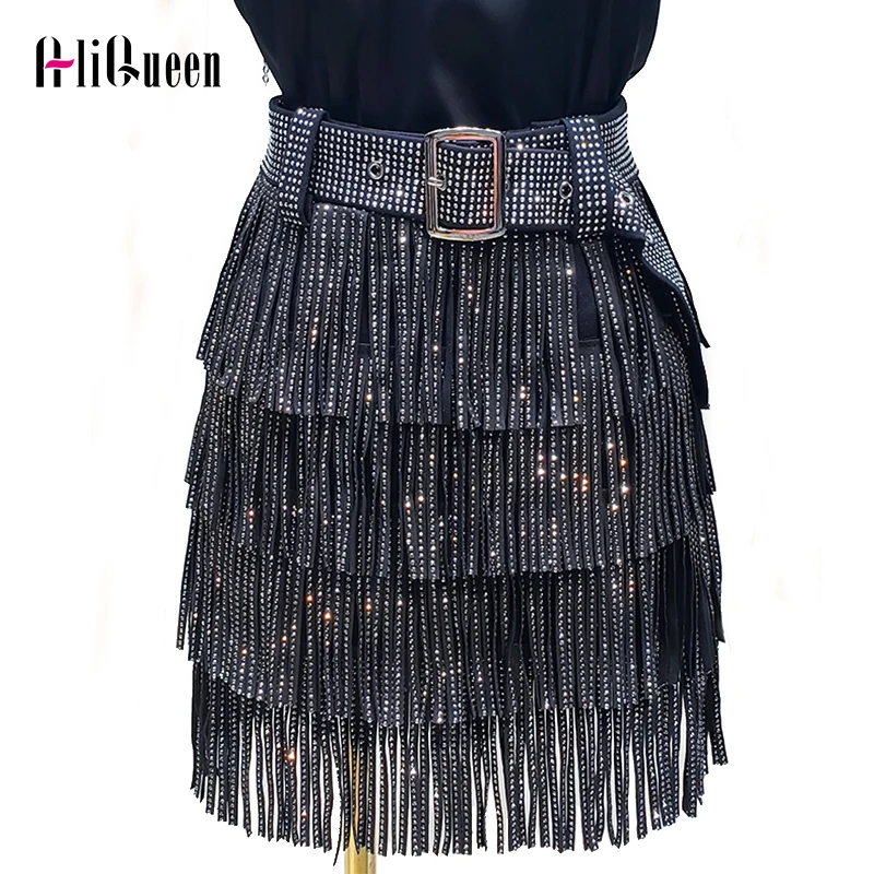 Черные юбки из искусственной кожи с бахромой и бриллиантами Женская