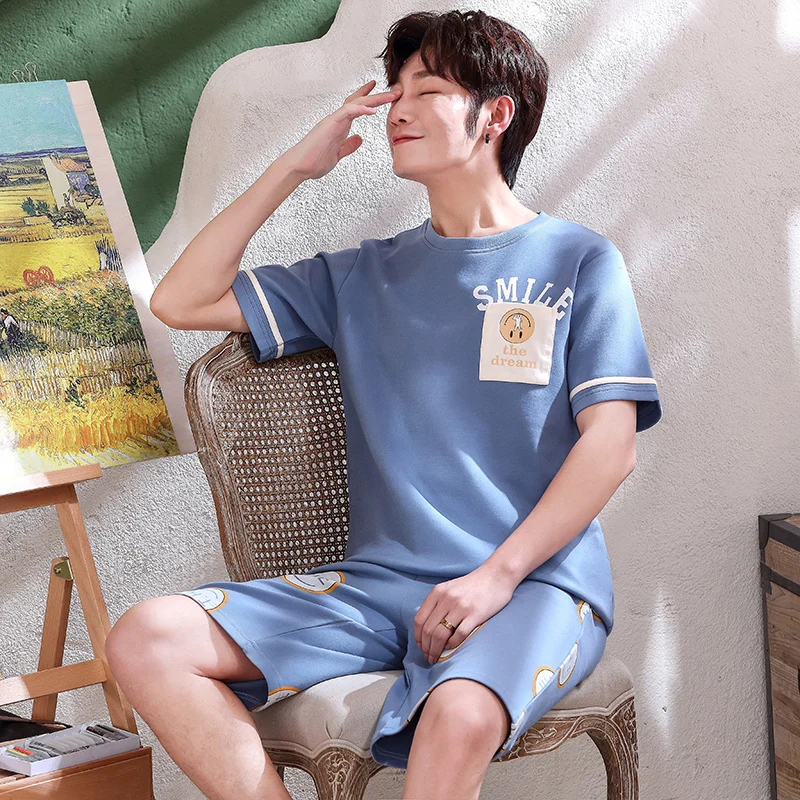 Летняя Хлопковая пижама для пары женская с рисунком из мультфильма свободная