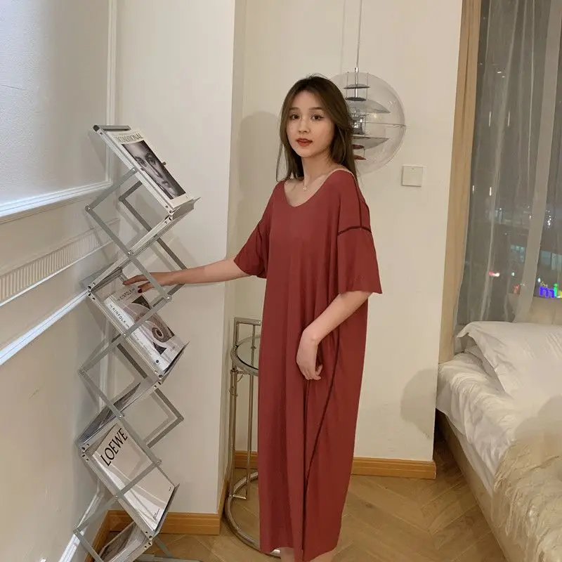 2021 Summer New Loose V-neck Nightwear Modal Short Sleeve Women's Nightdress Sexy Nightgown Housewear 100kg Dress Sleepwear