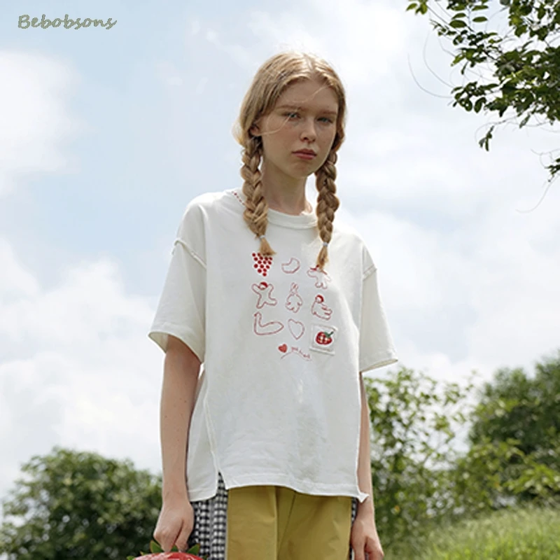 Женская хлопковая Футболка с круглым вырезом вышивкой коротким рукавом летняя