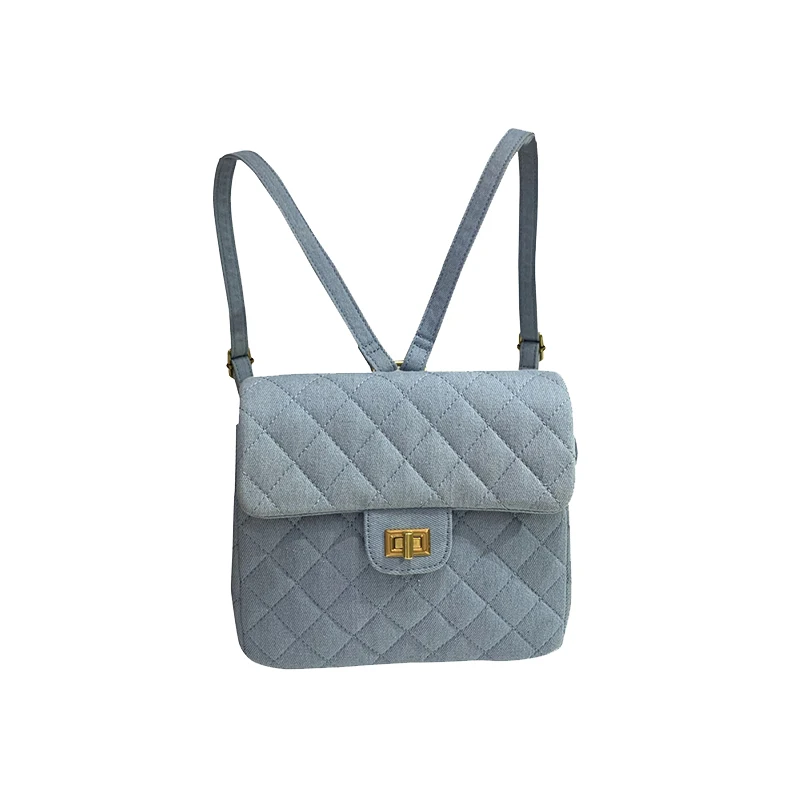 

Canvas quilted Backpack bag for Teenager Girl women female Korean simple plaid flap shoulder bag blue black brown