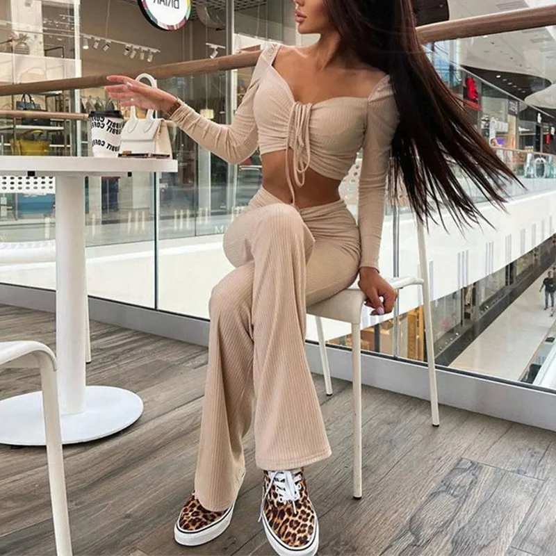 Black Tracksuit Women 2022 Long Sleeve Crop Top And Wide Leg Pants Y2K Two Piece Sets Casual Sexy Outfits Party Spring Suits |