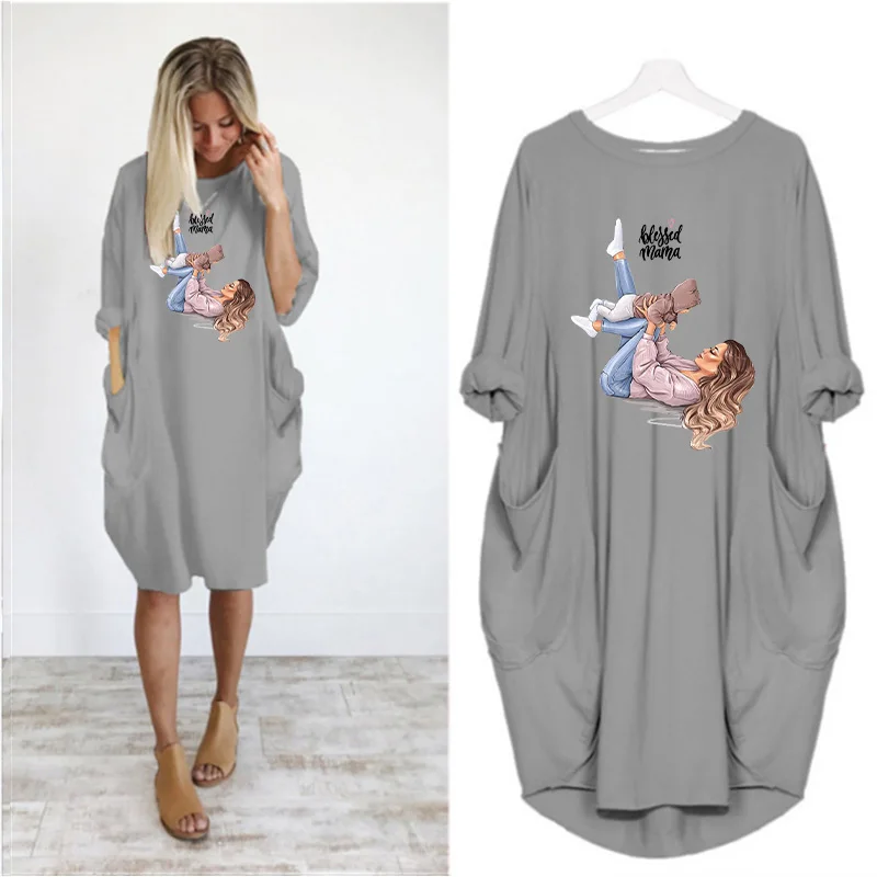 

Mama&baby Print Women Midi Dress Cartoon Long Sleeve o Neck Pocket Knee Plus Size Loose Casual Vintage Woman Dress Vestidos