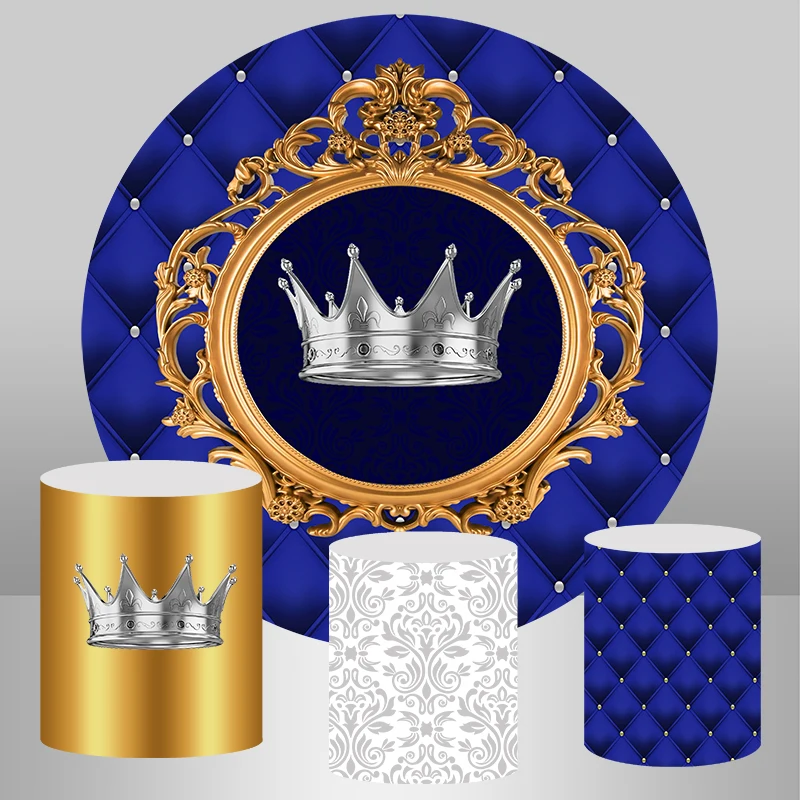 

InMemory Blue Royal Prince Baby Shower Round Photography Backdrop Boys Birthday Party Decor Round Photo Background Photocall