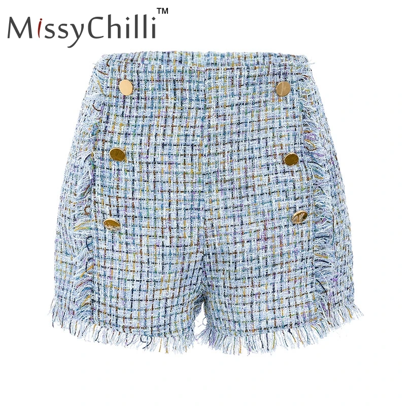 MissyChilli, элегантные твидовые повседневные шорты с высокой талией, женские офисные клетчатые шорты с бахромой, женские сексуальные стильные винтажные шорты