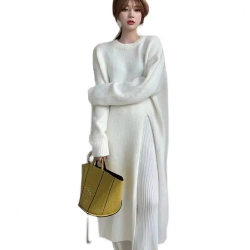 

Yuerwang Women Sweater Round Neck Asymmetry Split Long Pullover Sweaters Black White Irregular Loose Knitting Tops 2021 Fashion