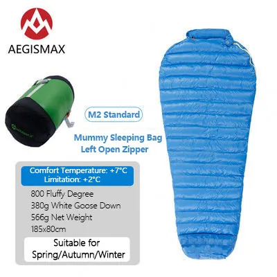 M2-Blue-Standard AEGISMAX M2 FP800 гусиный пух спальный мешок 36℉~ 45℉ Сверхлегкий Открытый Мумия сплайсинга Тип кемпинг теплый спальный мешок ветрозащитный - Цвет: M2-Blue-Standard