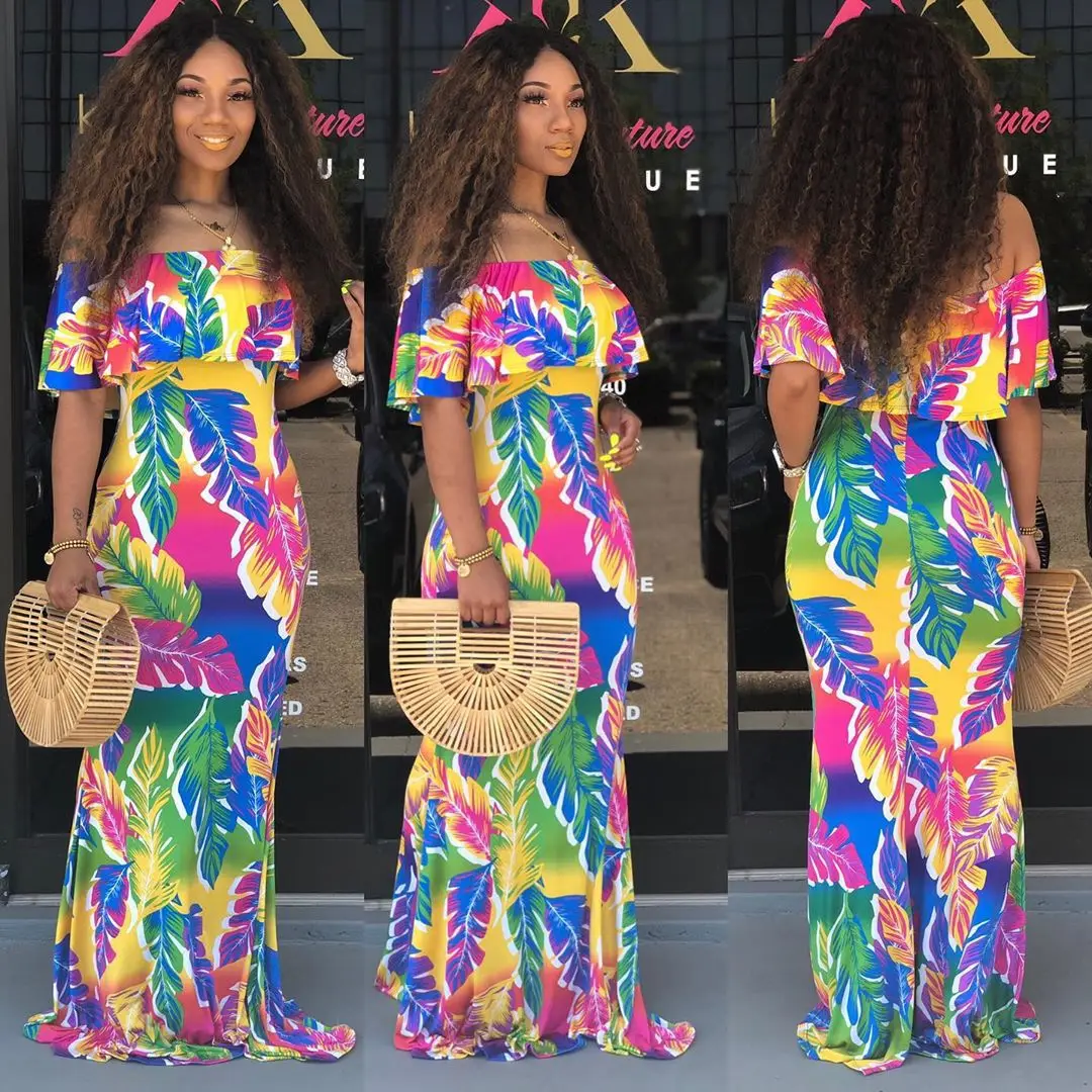 

4A5077 Summer fashion popular versatile women's digital print wrapped chest shoulder dress dresses women