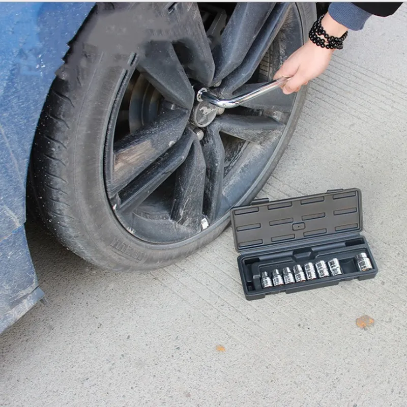 

A 10-piece l-Bar Tire Removal Kit With On-board Tire Change Tool Removing Socket Wrench