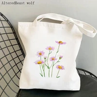 women shopper bag little purple daisy watercolor cosmos flowers bag harajuku canvas shopper girl handbag tote shoulder lady bag