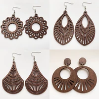 free shipping hollow out flower vintage wooden earrings african women jewelry geometric fan shape design gifts wholesale