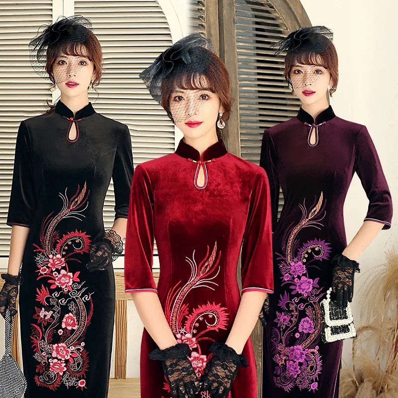 

Mother Dress Velour Embroidery Floral Cheongsam Skirt Lady Stand Collar Straight Chinese Dresses Autumn Wedding Prom Guest Qipao