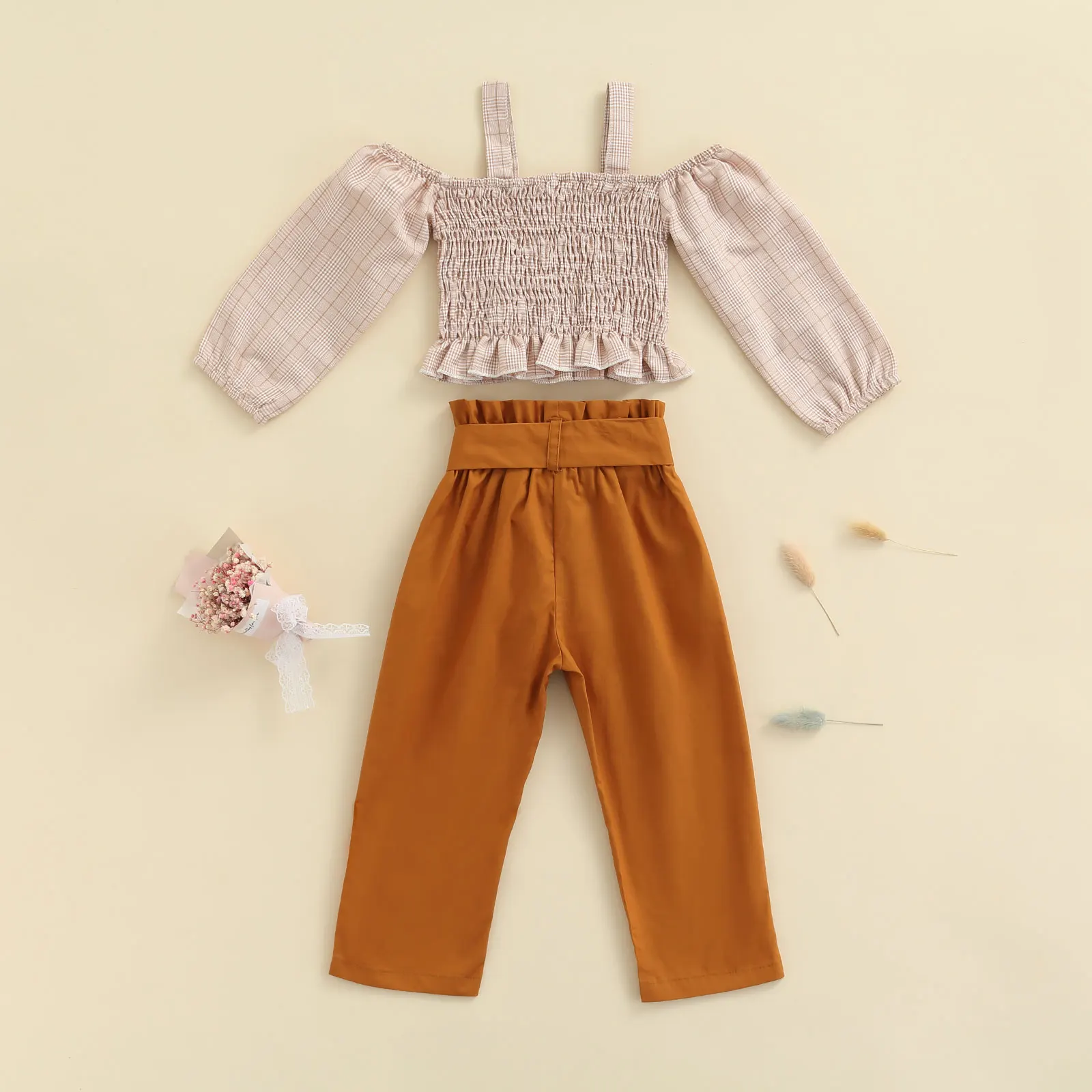 

Girls Casual 3-Piece Set of Plaid Print Pattern Off-Shoulder Sling Sling Trousers Top Brown Solid Color Trousers And Belt 1-6T