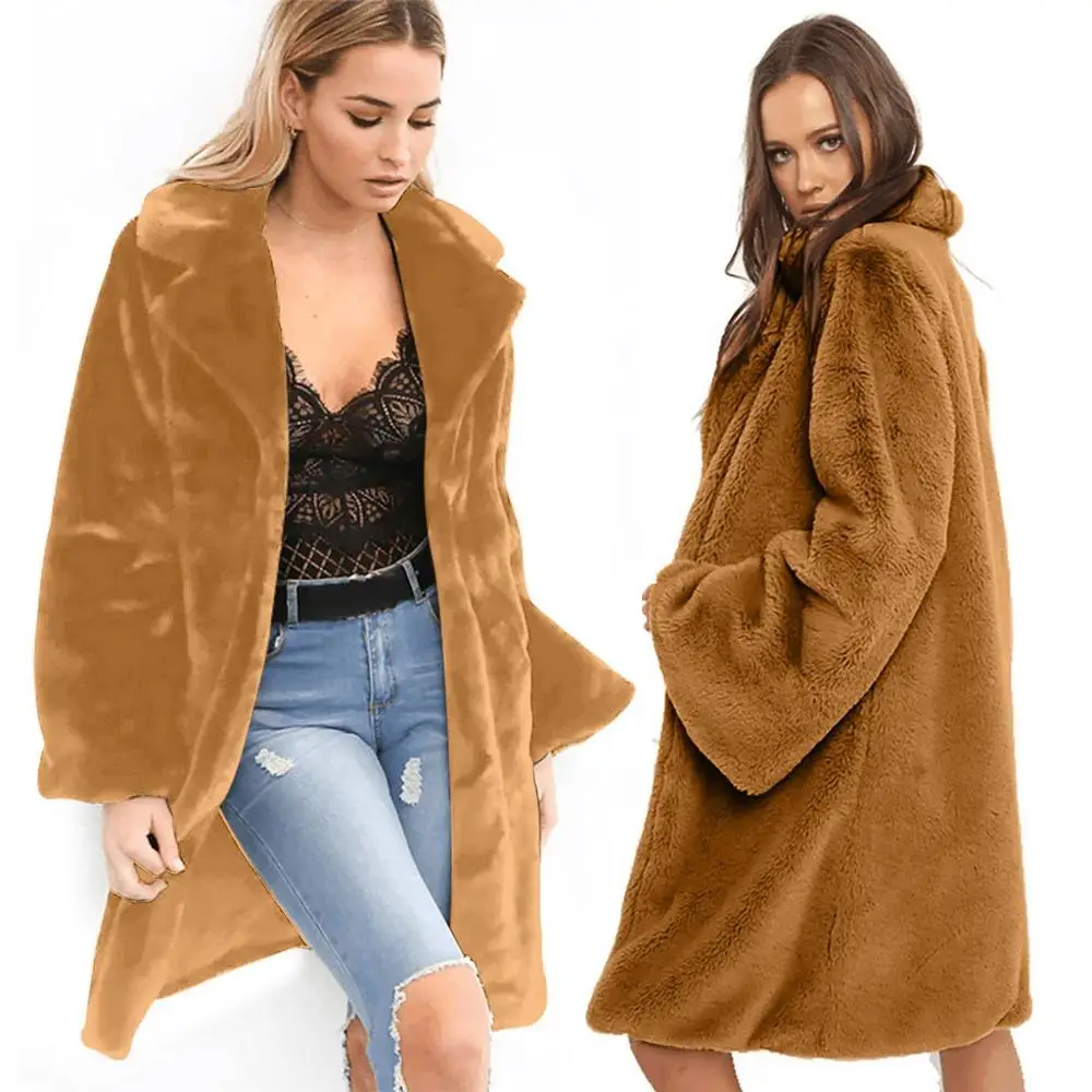 

Faux Fur Coat Women Autumn Winter Fluffy 2019 Plush Coat Fashion Solid Long Sleeve Lapel Loose Coat Warm Soft Outwear