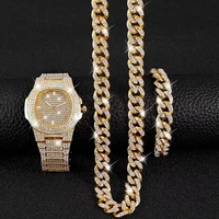 luxury men watch set hip hop watches necklace bracelet cuban chain gold color iced out paved rhinestones bling jewelry watches