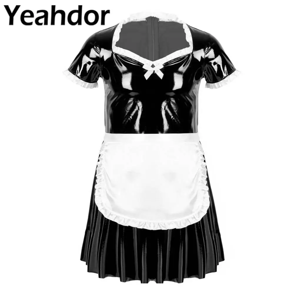 

Костюм горничной, мужской, для ролевых игр, во французском стиле, с мокрым эффектом, из лакированной кожи, с короткими рукавами-фонариками и ...