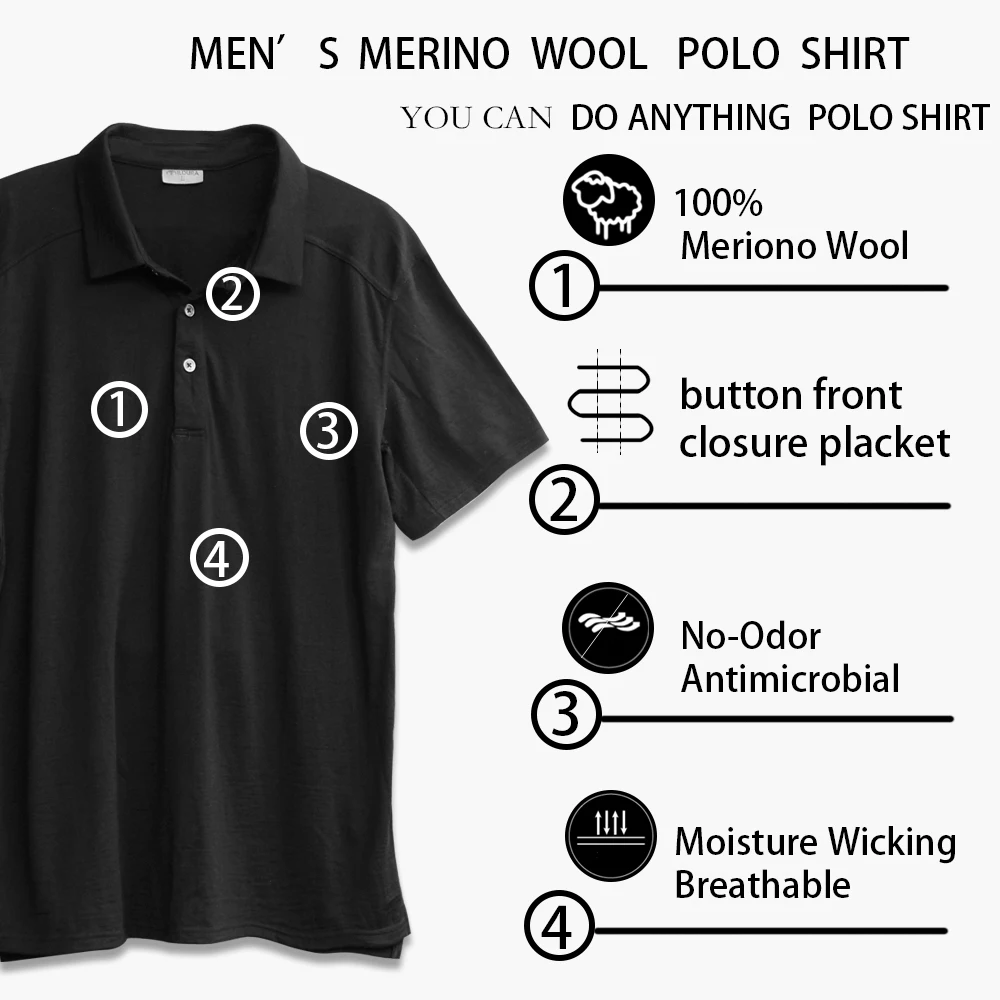Мужская рубашка поло из мериносовой шерсти пропускающая воздух с защитой от