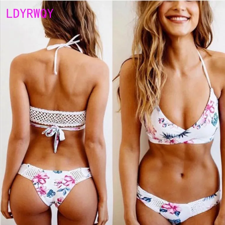 

LDYRWQY 2021 new European and American sexy fashion printed sling low-waist bikini swimsuit two-piece suit Polyester