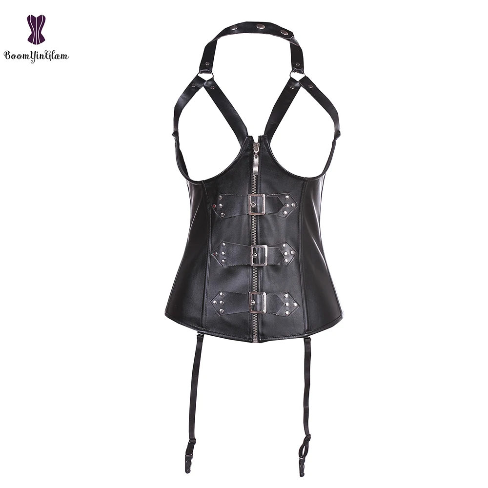 Открытый бюстгальтер корсет из искусственной кожи однотонные черные